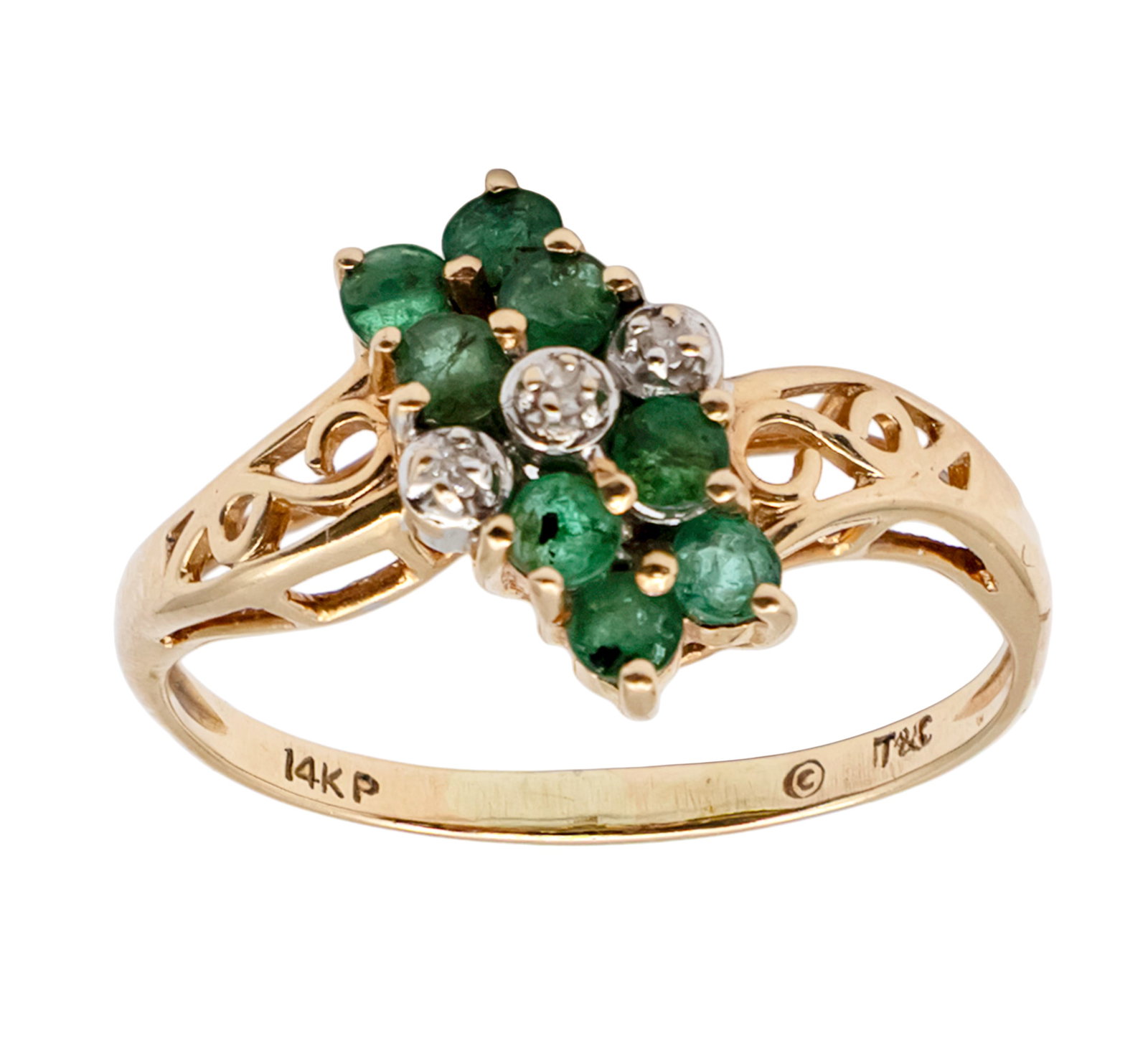 14k Yellow Gold Emerald and Diamond Ring.: 14k Yellow Gold Emerald and Diamond Ring. 8 emeralds, 3 diamonds. Marked. Size: 7.25. 1.85gr.