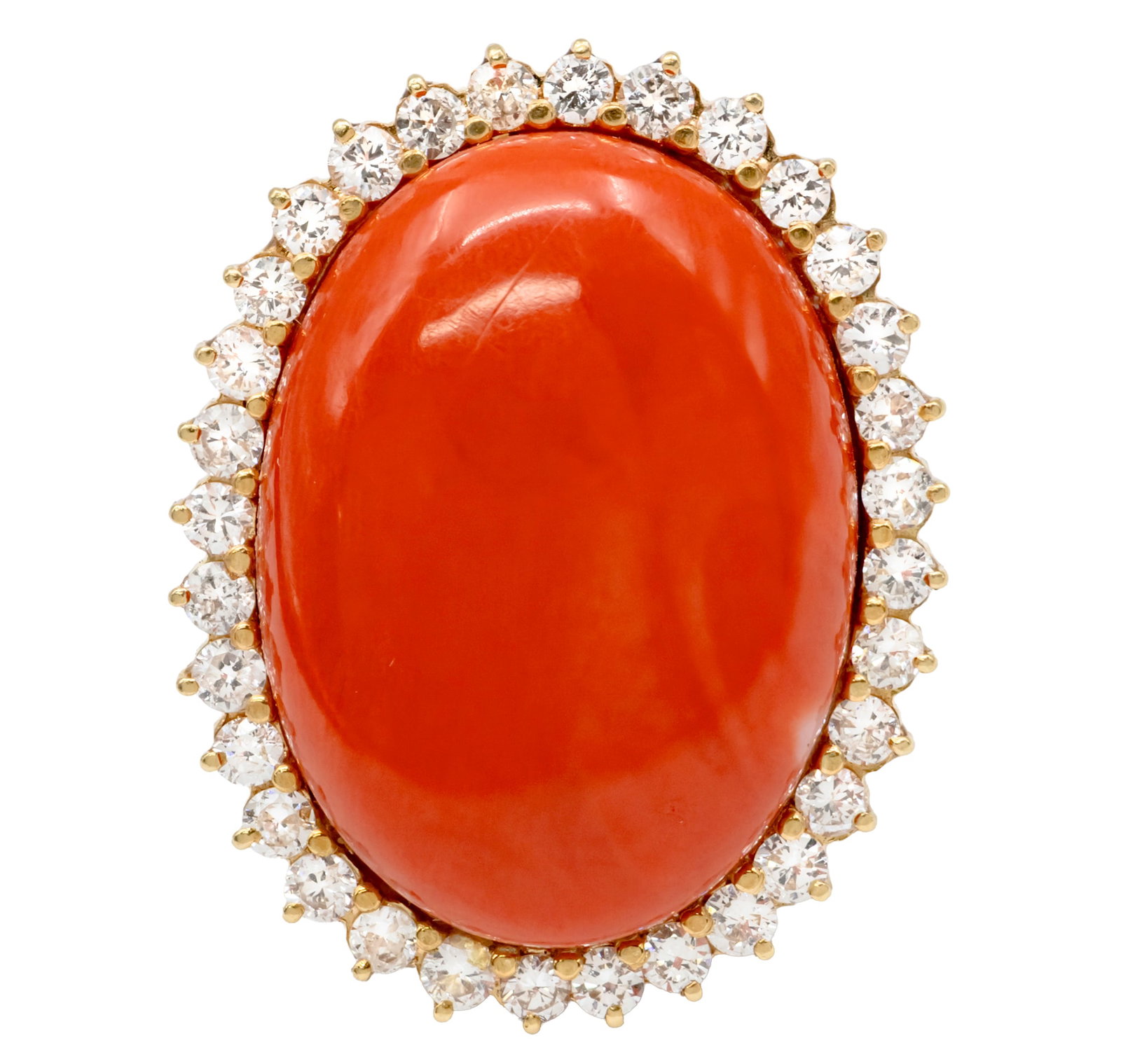 18k Yellow Gold Coral and Diamond Ring.: 18k Yellow Gold Coral and Diamond Ring. Oval Coral 27x19.5mm. 32 diamonds in total weight of about 1.9ct. Marked. Size: 8.25. 15.16gr.