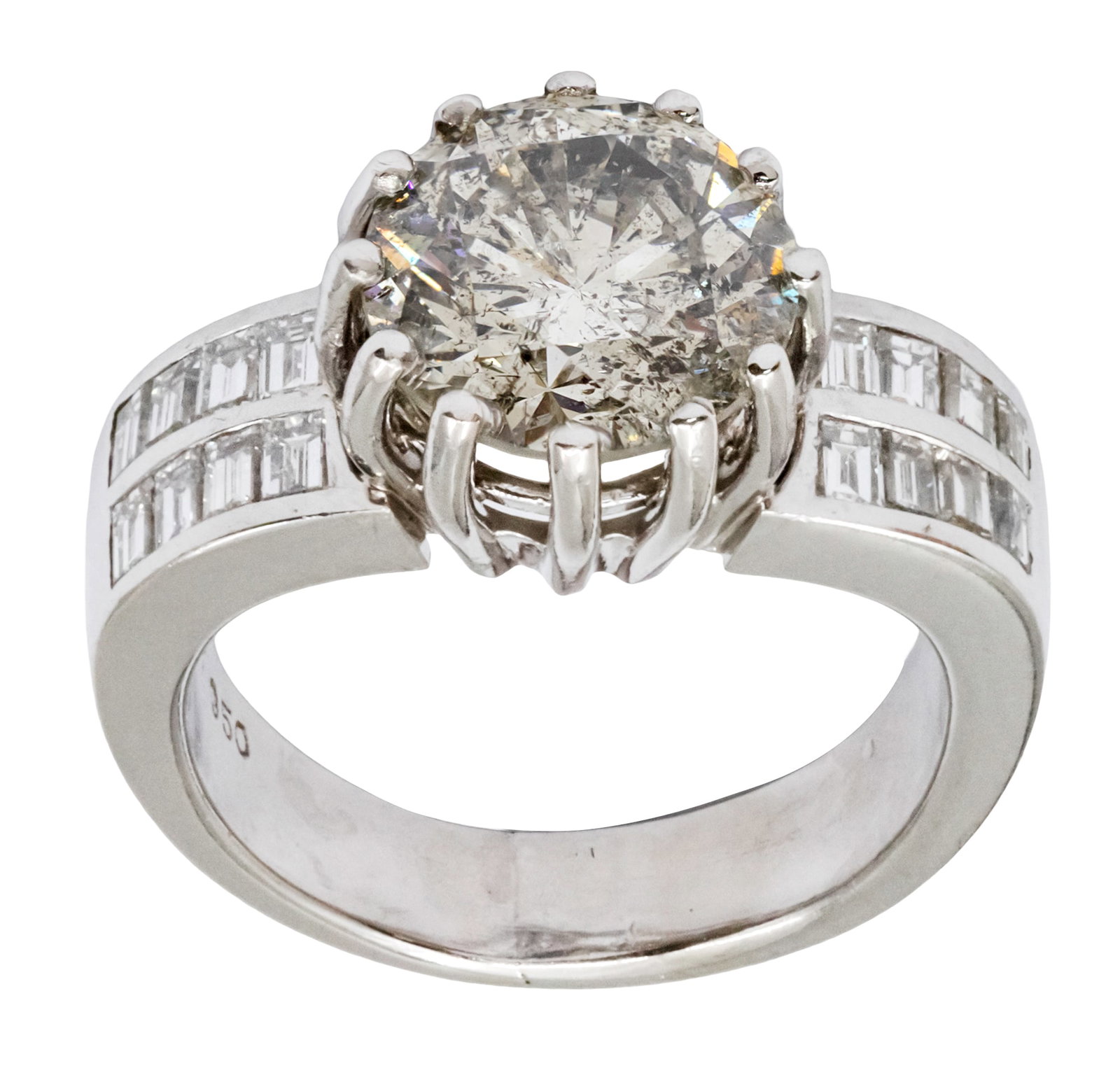 Platinum Diamond Ring.: Platinum Diamond Ring. Center diamond of about 2.95ct, I clarity, H-I color. 32 baguette cut diamonds in total weight of about 1.2ct. Marked. Size: 5. 11.4gr.
