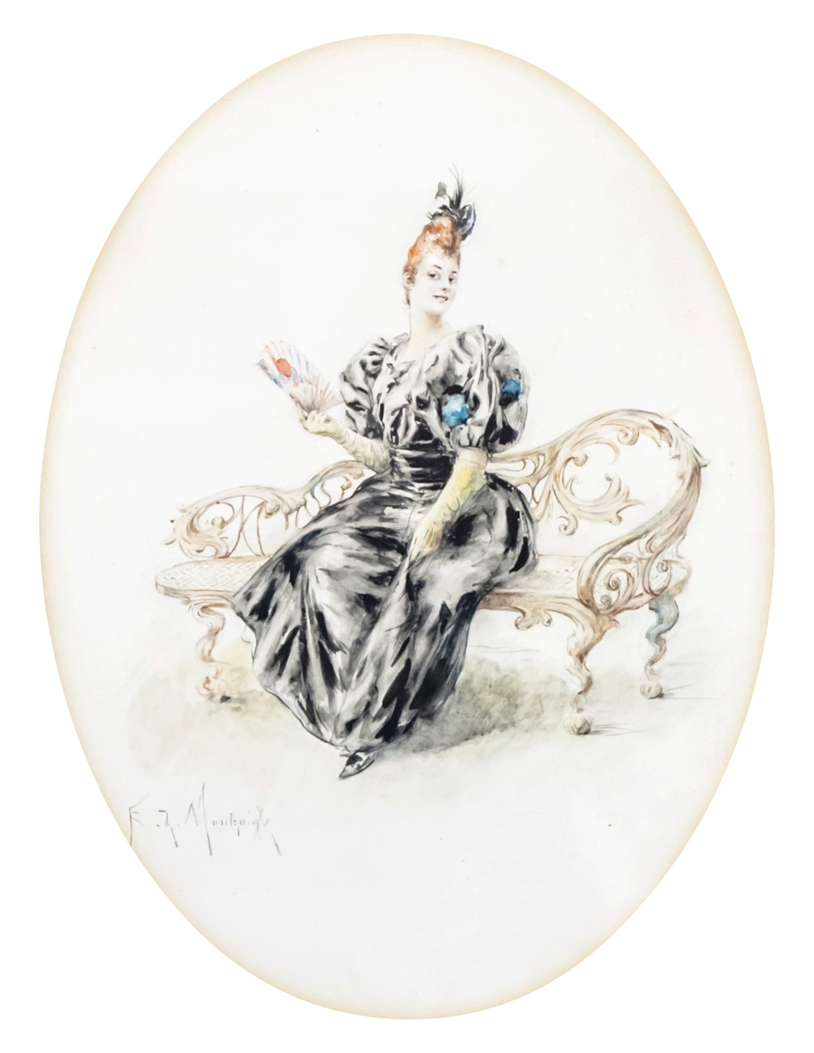 Edgard de Montzaigle - (French, 1867-1925) - Elegant Lady Seated on a Garden Bench, Watercolor and: Edgard de Saint-Pierre de Montzaigle (French, 1867-1925) - Elegant Lady Seated on a Garden Bench, Watercolor and Pencil on Paper. Signed. 23x17cm (Oval).