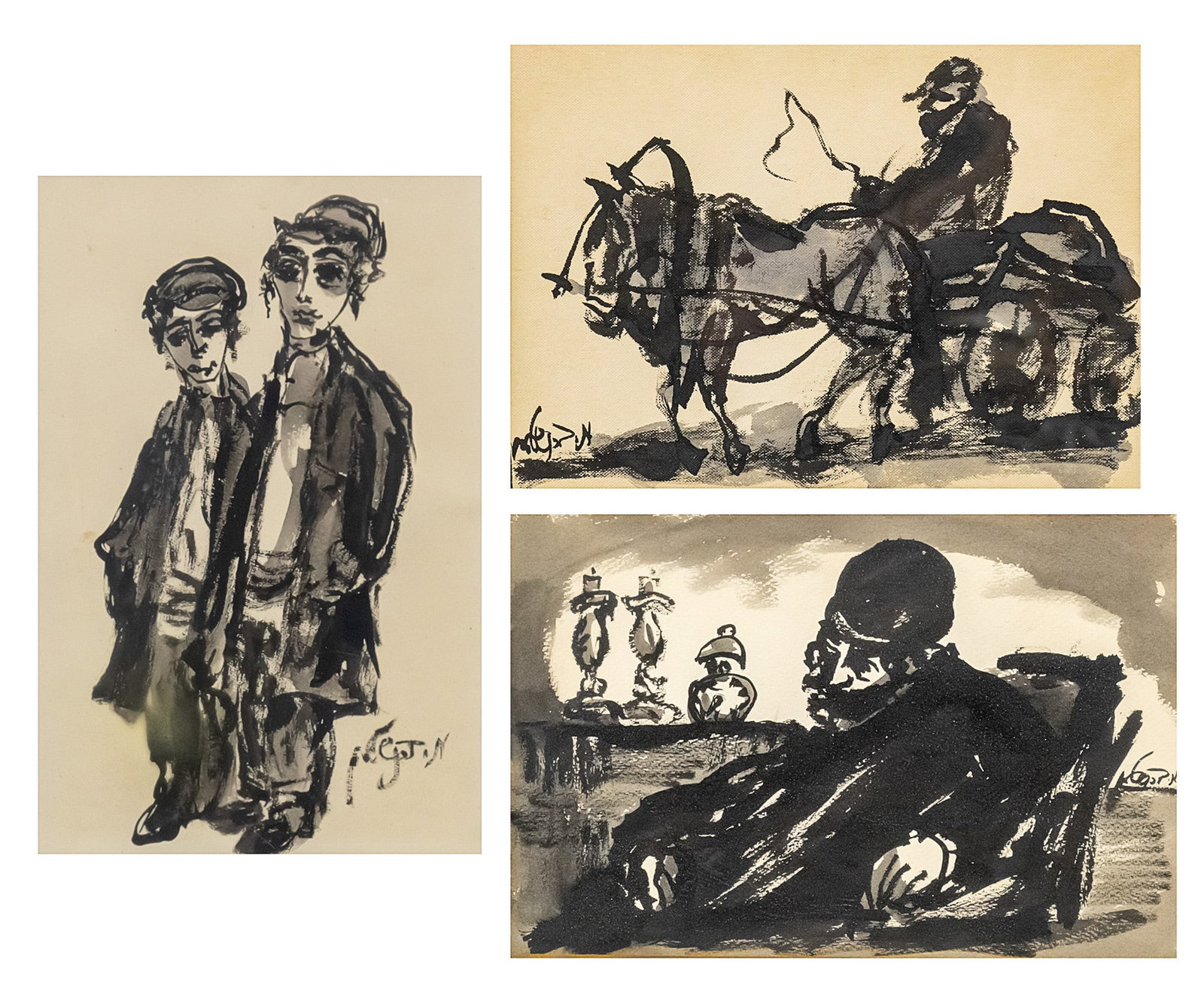 Moshe Bernstein (1920-2006) - Three Drawings, Ink and Watercolor on Paper. (1 of 1)
