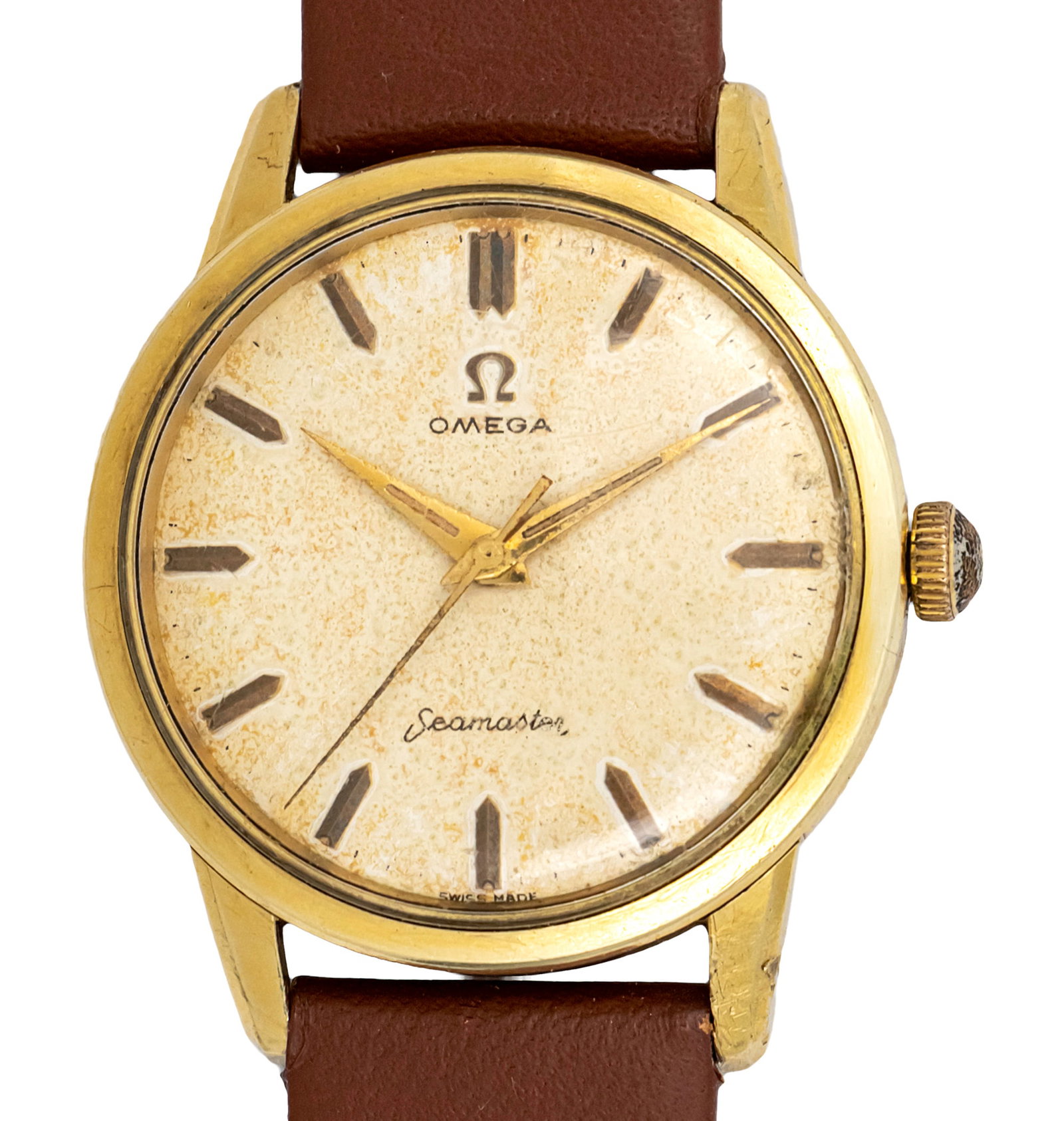 Omega Seamaster Wristwatch, Circa 1960.: Omega Seamaster Wrist Watch, Circa 1960. Mechanical movement, working condition. Gold plated bezel. Leather strap. 35mm. Cal: 285 Ref: 14390-4SC