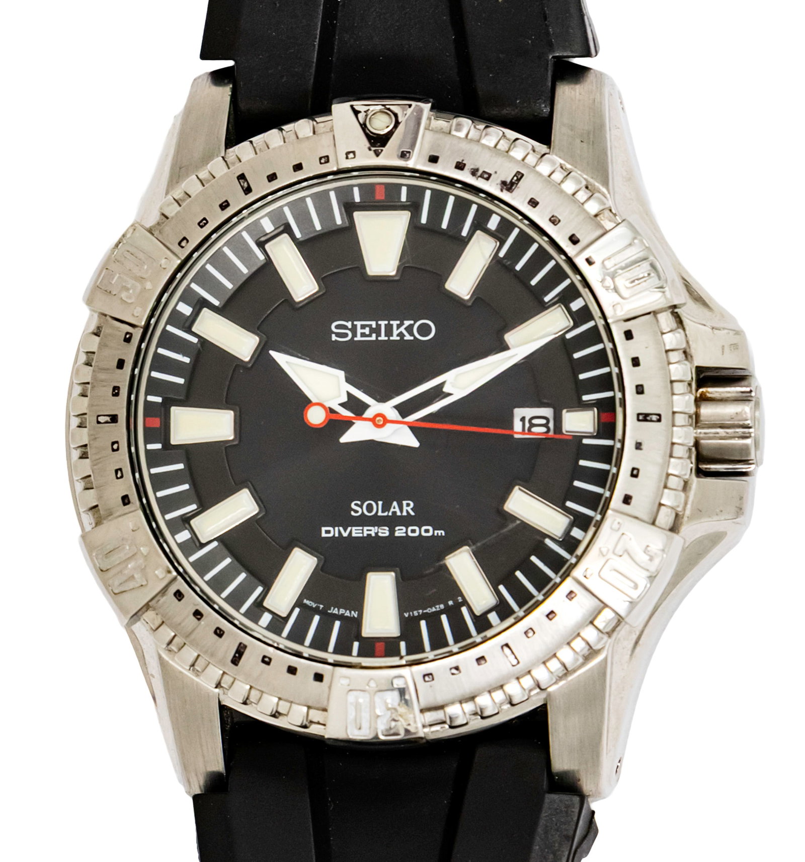 Seiko Solar Diver Wrist Watch.: Seiko Solar Diver Wrist Watch. Solar movement, working condition. Date. Original rubber strap, original buckle. 45mm. Ref: V157-0AS0