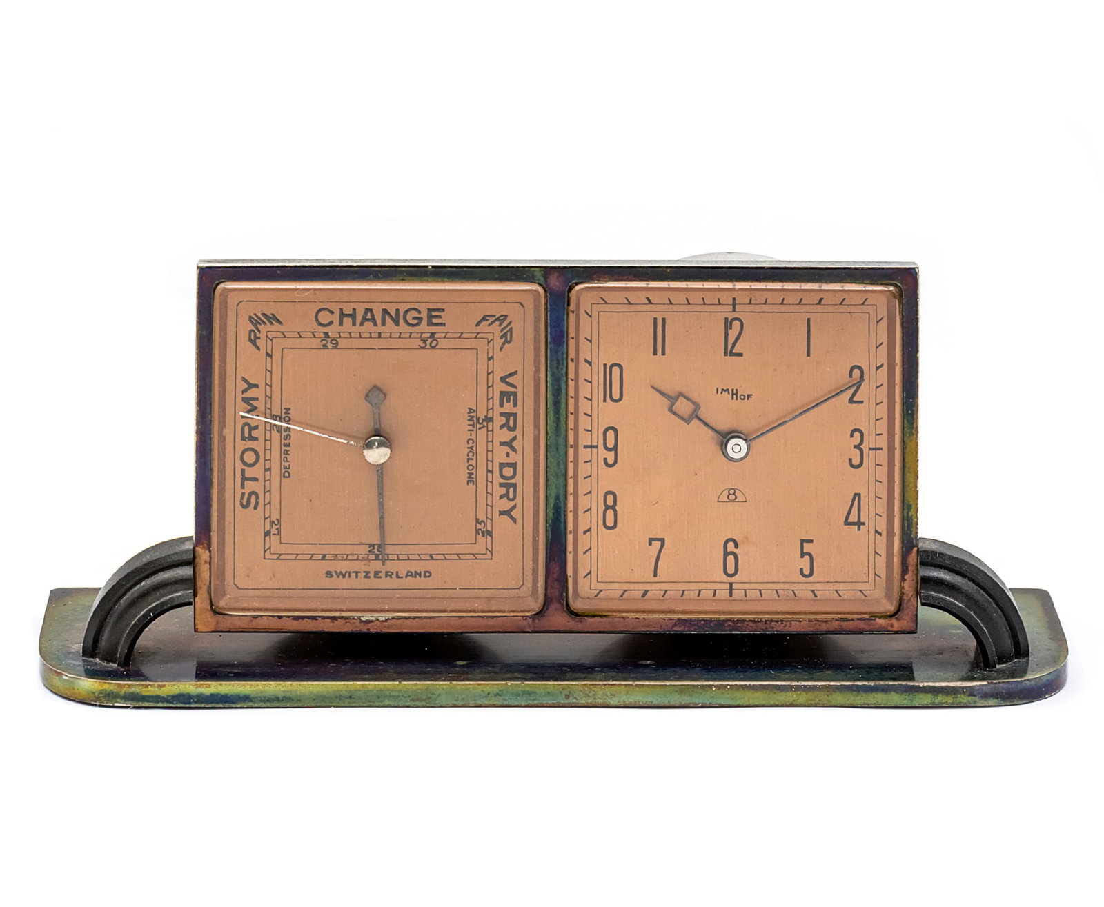 IMHOF Table Clock and Barometer.: IMHOF Table Clock and Barometer. Mechanical movement, 8 days, working condition. Height: 5.5cm. Length: 13cm.