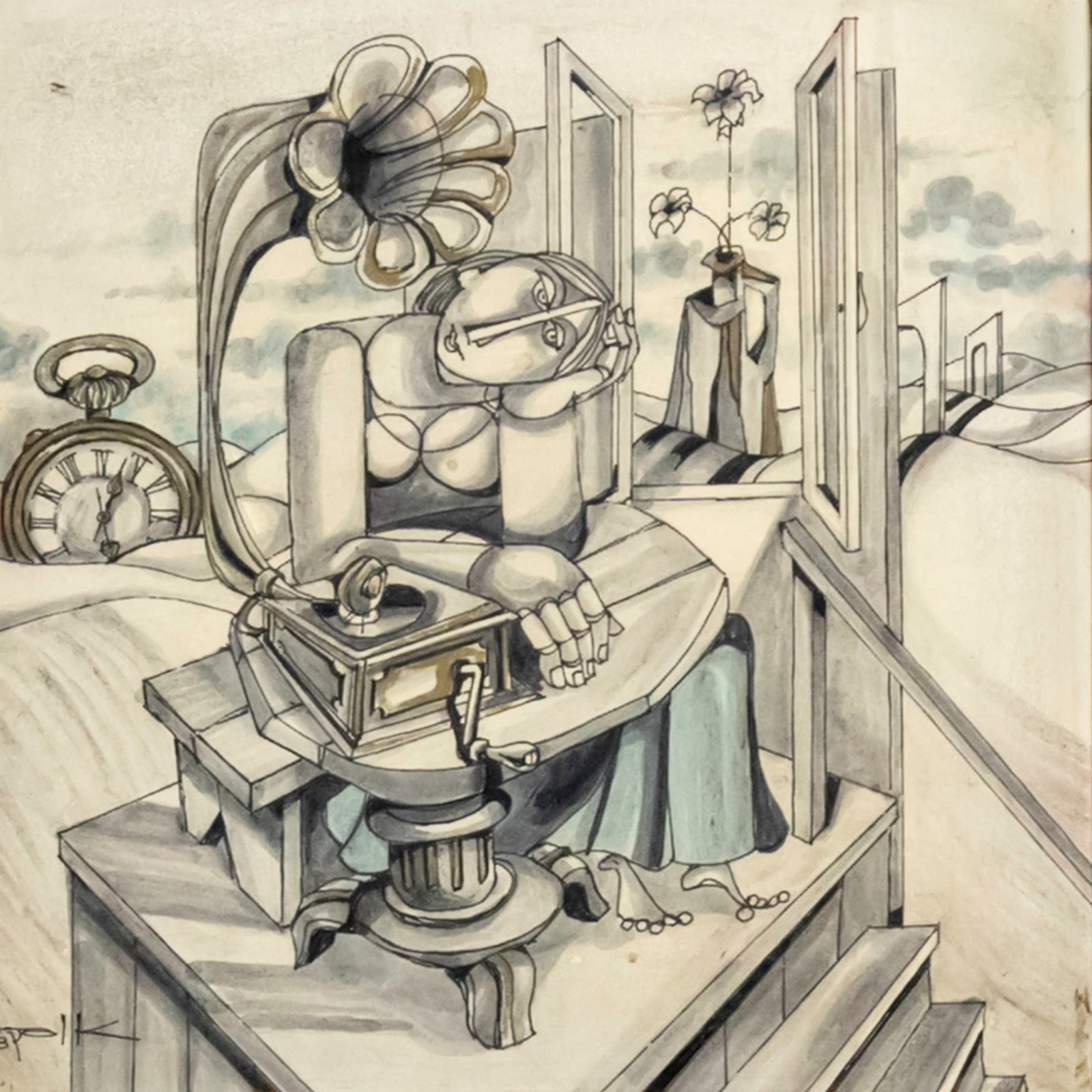 Oscar Cohen - Surreal Figure, Painting on a Tile, 1978. (1 of 3)