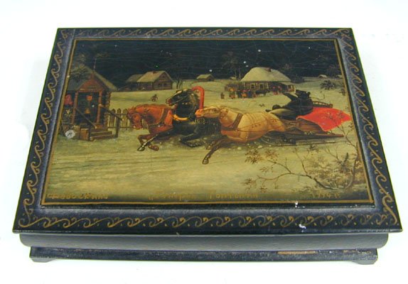 Russian Lacquered Papier Mache Wooden Jewelry Box, 1944: Hand painted with Russian winter scene. Titled, signed by the artist in Russian and dated 1944. The side panels are hand painted with scroll decoration. Red painted interior. Height - 3.5cm. / 1.4in. 
