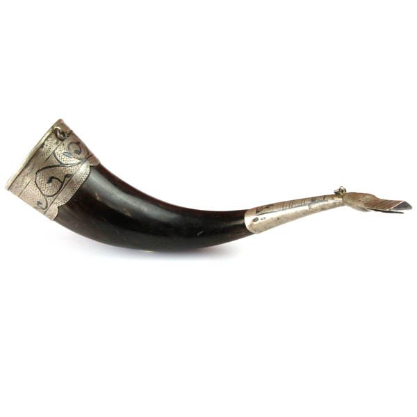 Russian Silver and Niello Drinking Horn Cup, 1950s.: Russian 875 Silver and Niello Mounted Drinking Horn Cup, 1950s. Both ends with engraved silver mounts with niello ornaments. Marked with Soviet Russian silver marks (875 next to a hammer and sickle in