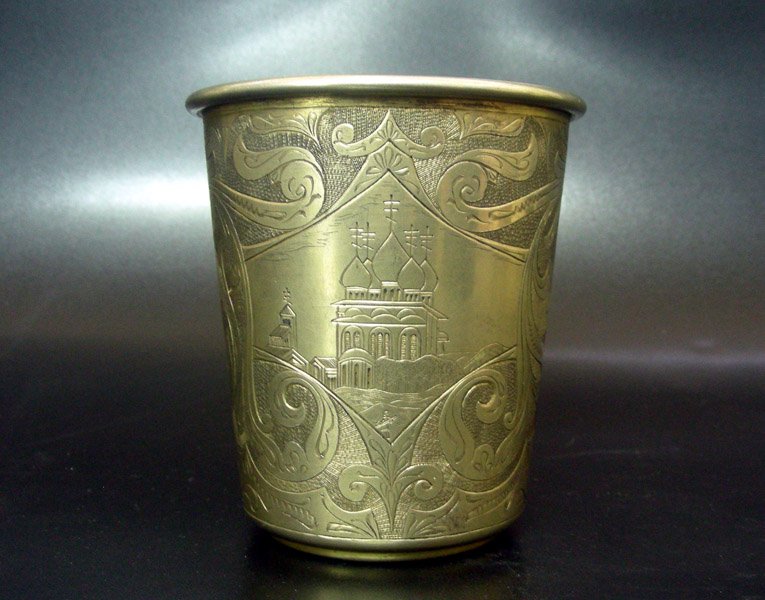Gilt Silver Beaker By Mikhail Grachev, Russia, 1908-17.: Gilt Silver Cup Beaker By Mikhail Grachev, St. Petersburg, Russia, 1908-17. The beaker is etched and engraved with typical Russian landscapes surrounded by floral and foliage ornaments. The beaker is