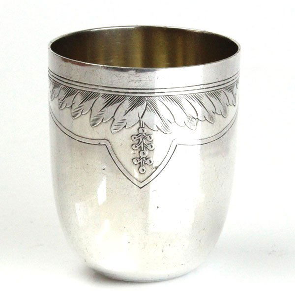 Sterling Silver Beaker Cup, Paris, France, Circa 1900.: Sterling Silver Beaker Cup, Paris, France, Circa 1900. Of circular form with etched foliate ornaments. Marked with French silver marks (Minerva first standard mark for 950 silver) and illegible maker'