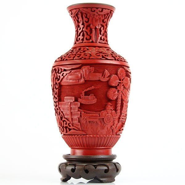 Chinese Red Cinnabar and Enamel Vase on a Wooden Stand (1 of 2)