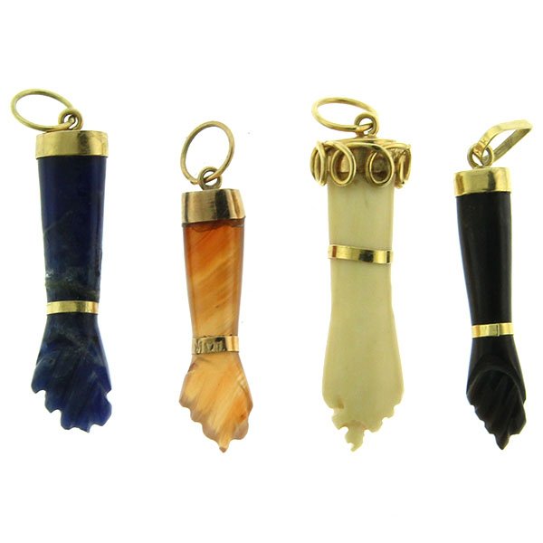 4 Gold Ivory Onyx Carnelian Lapis Figa Hand Pendants: Four 14k Gold Ivory, Onyx, Carnelian and Lapis Figa Hand Pendants. 3cm - 3.5cm / 1.18in X 1.38in. This lot cannot be sold and shipped to any US state or territory.