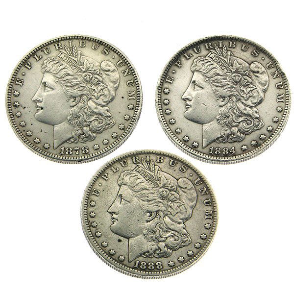 Three Morgan Silver Dollars, 1878-1888. (1 of 2)