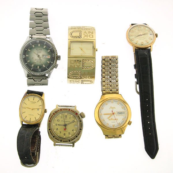 Lot of 6 Wrist Watches.: Lot of 6 Wrist Watches. Including: Olympia, DKNY, Duxot, Favre Leuba and two Soviet Russian watches.