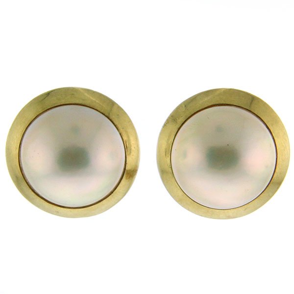 Pair of 14k Yellow Gold Moby Pearl Earrings.: Pair of 14k Yellow Gold Moby Pearl Earrings. Omega closure. Marked. Diameter: 19mm / 0.748in. 10.82gr / 0.348oz.