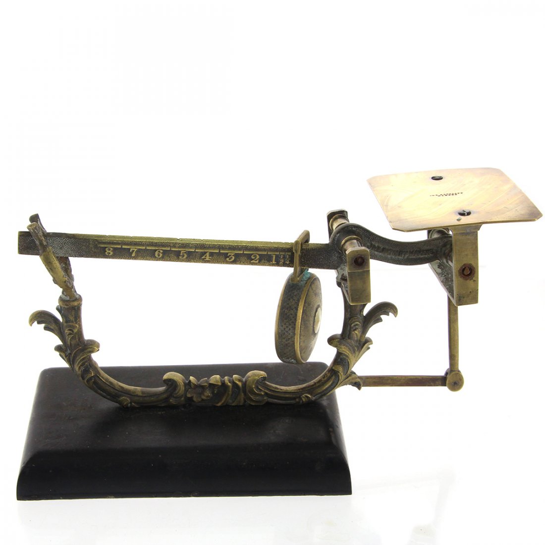 Joseph & Edmund Ratcliff Steelyard Postal Scale Ca 1850: Joseph & Edmund Ratcliff Steelyard Postal Scale, England, Circa 1850. The letter tray and the beam are inscribed - J&E Ratcliff Makers. Bronze base. Height: 13cm / 5.12in. Length: 23cm / 9.05in.