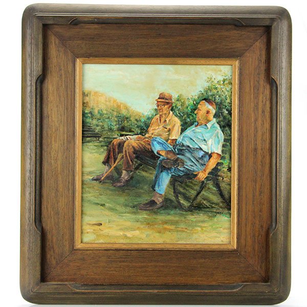 Naomi - 3 Oil Paintings.: Naomi - 3 Oil Paintings. 1. Two man sitting on a bench, oil on canvas, signed in Hebrew, 25x21cm. 2. landscape, oil on canvas/board, signed in Hebrew, 8x12cm. 3. landscape, oil on canvas/board, signed