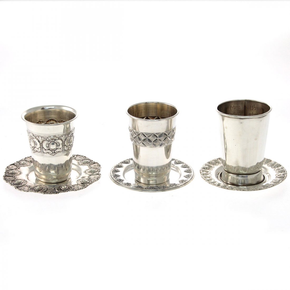 Three Sterling Silver Kiddush Cups Beakers and Saucers. (1 of 7)