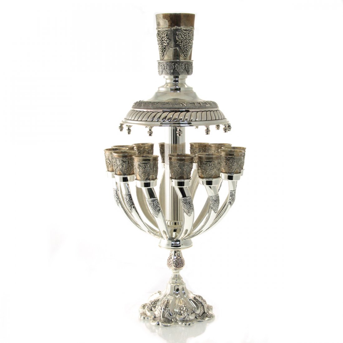 Large Silver Plated Kiddush Wine Fountain, Judaica.: Large Silver Plated Kiddush Wine Fountain, Judaica. With one large cup and 12 small Kiddush cups. Inscribed in Hebrew - Bore Peri Hagefen. Height: 56cm / 22in.