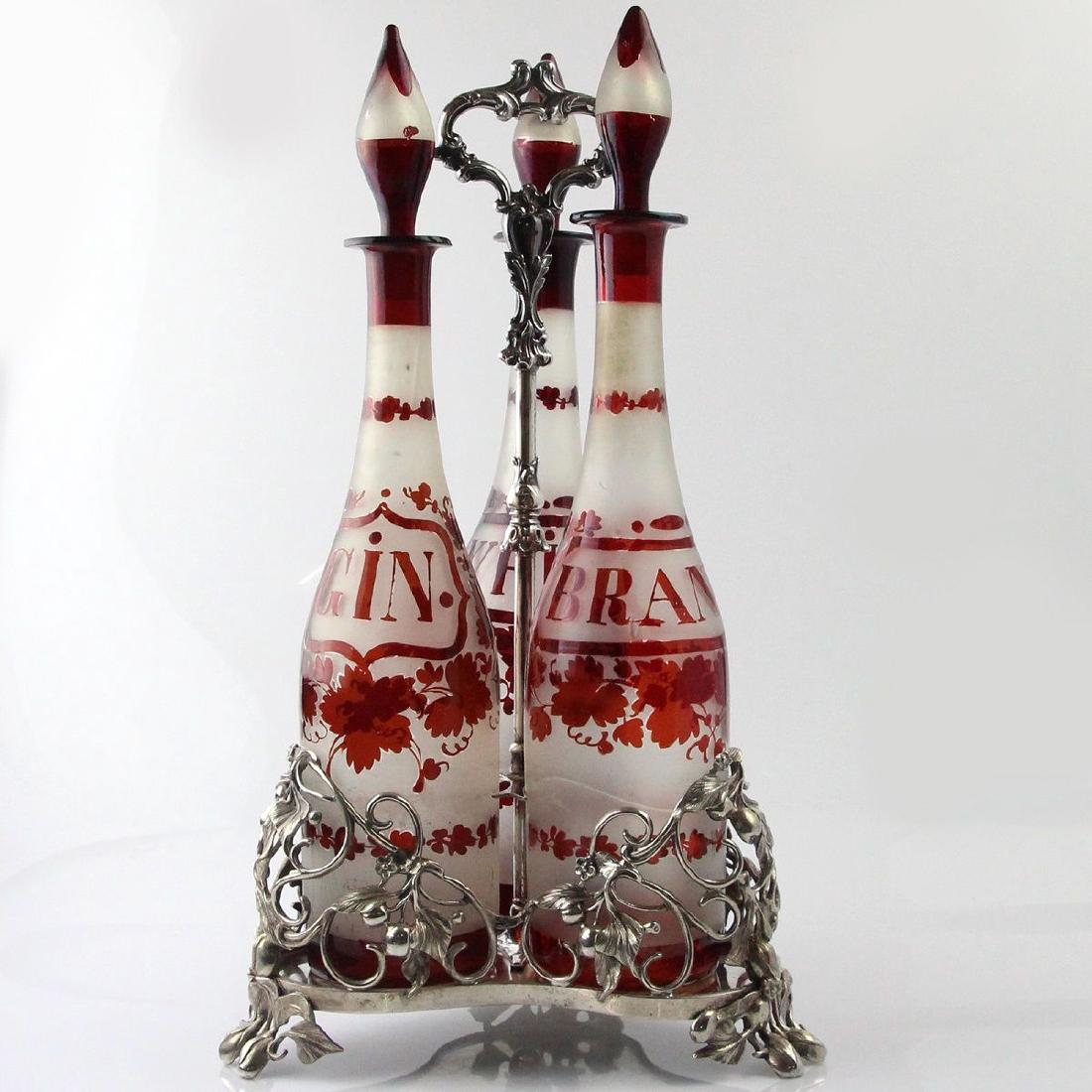 Set of Three Liqueur Bottles on Stand, England, Early (1 of 11)