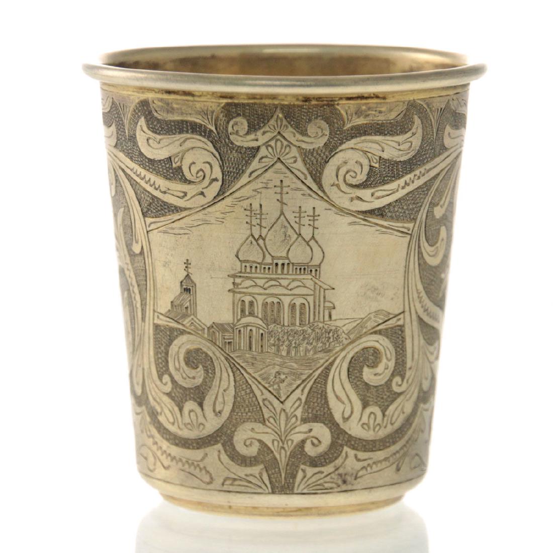 Russian Gilt Silver Cup Beaker By Mikhail Grachev, St.: Russian Gilt Silver Cup Beaker By Mikhail Grachev, St. Petersburg, 1908-1917.Etched and engraved with typical Russian landscapes surrounded by floral and foliage ornaments.Marked with Russian silver m