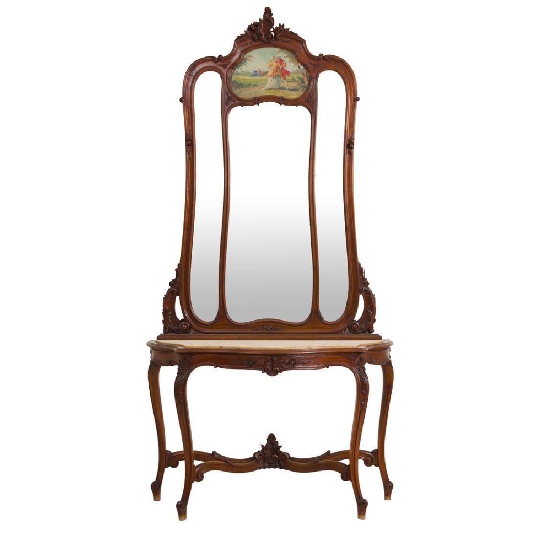 CONSOLE con specchiera stile Luigi XV in noce. XX: CONSOLE con specchiera stile Luigi XV in noce. XX secolo Misure: cm 134 x 49 x h 283,5