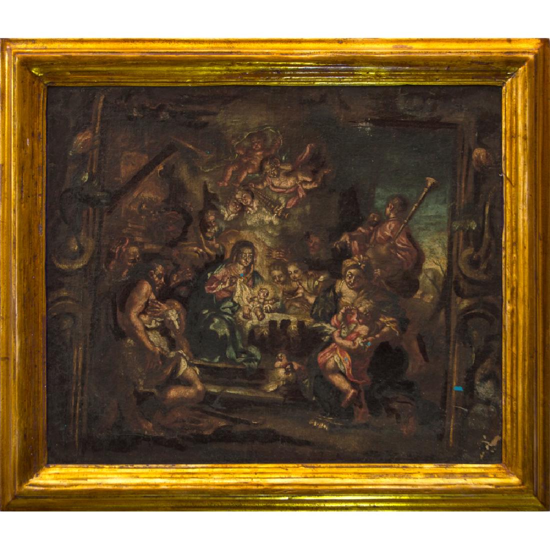 JAN MIEL (Attr.le) (Beveren-Waas 1599 - Torino 1663): JAN MIEL (Attr.le) (Beveren-Waas 1599 - Torino 1663) OLIO su tela "Adorazione dei pastori". Misure: cm 48 x 58