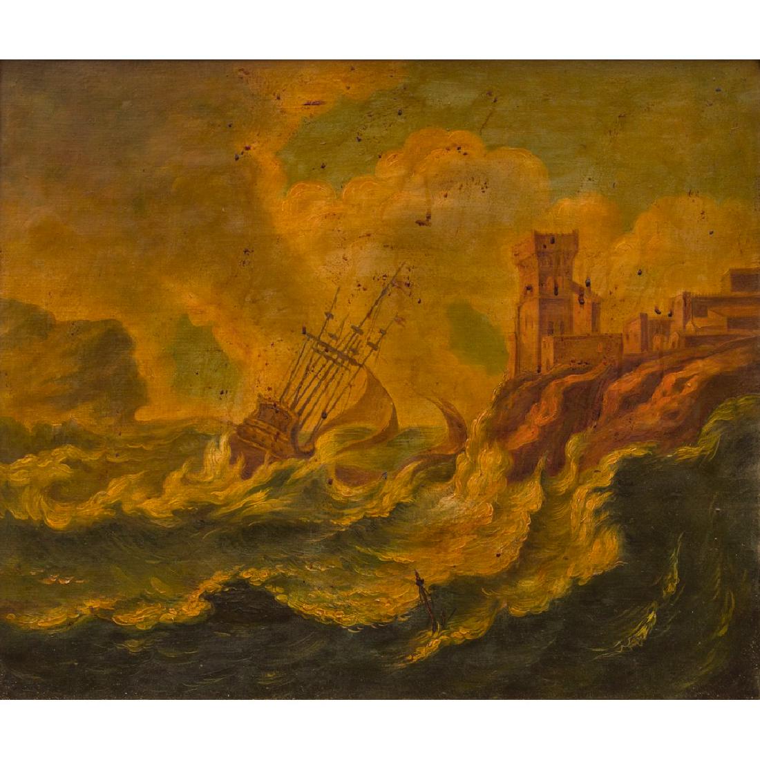 SCUOLA SICILIANA DEL XIX SECOLO OLIO su tela "Paesaggio: SCUOLA SICILIANA DEL XIX SECOLO OLIO su tela "Paesaggio costiero con castello e galeoni" entro cornice in legno dorato. Misure: cm 52 x 61