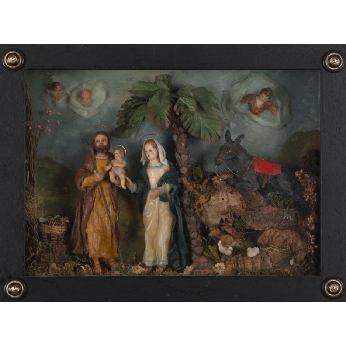 PRESEPE con personaggi in cera raffigurante "Fuga in: PRESEPE con personaggi in cera raffigurante "Fuga in Egitto". Sicilia primi '900 Misure: cm 39,5 x 7,5 h 29
