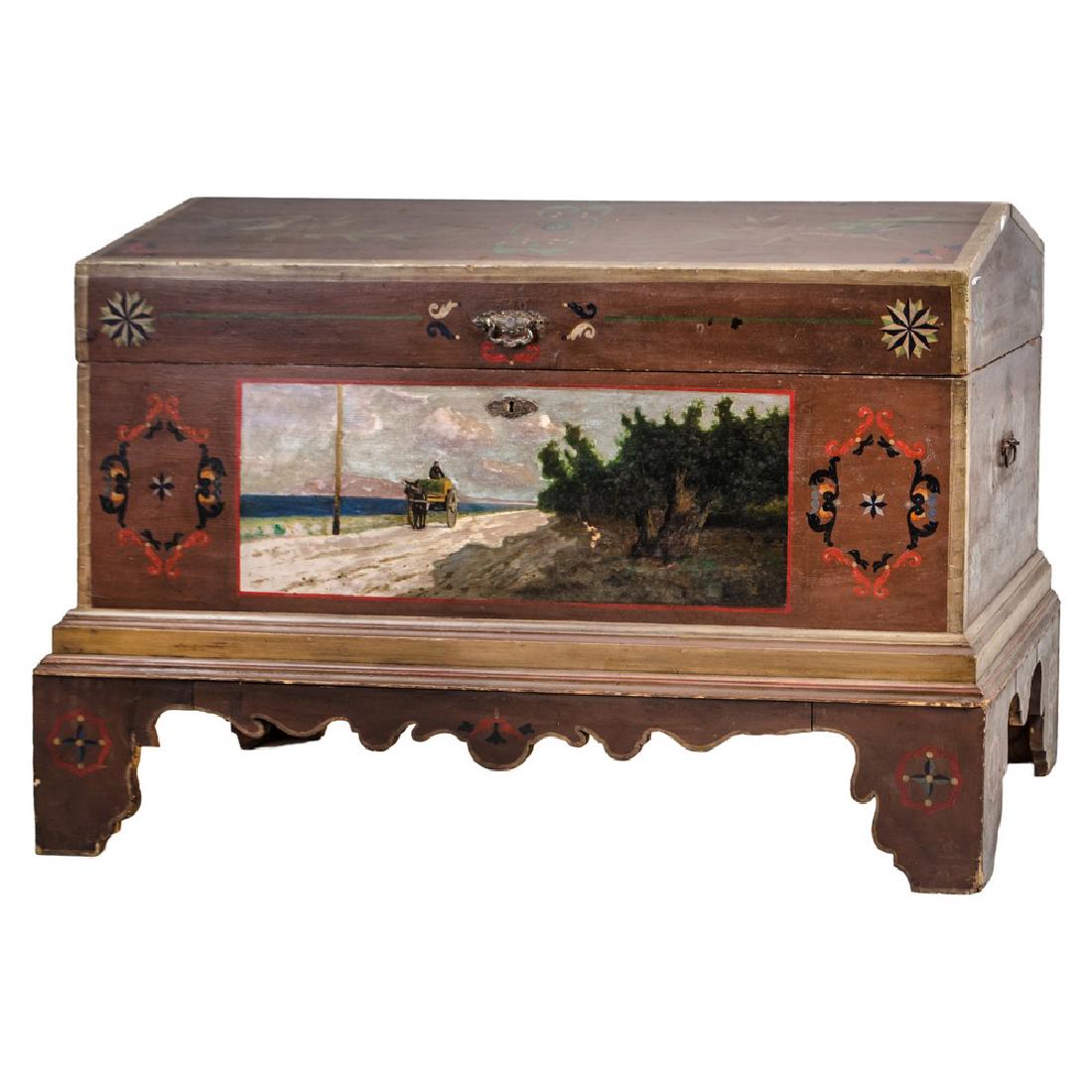 CASSAPANCA bombata in legno laccato e dipinto. Sicilia: CASSAPANCA bombata in legno laccato e dipinto. Sicilia XIX secolo Misure: cm 143 x 71,5 x h 97