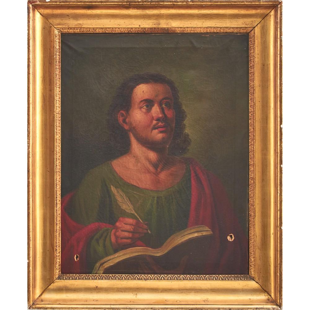 TOMMASO CONCA (Attr.le) (Roma 1734 - Roma 1822) OLIO su: TOMMASO CONCA (Attr.le) (Roma 1734 - Roma 1822) OLIO su tela "San Giovanni Evangelista mentre scrive il libro dell Apocalisse". Misure: cm 73 x 55