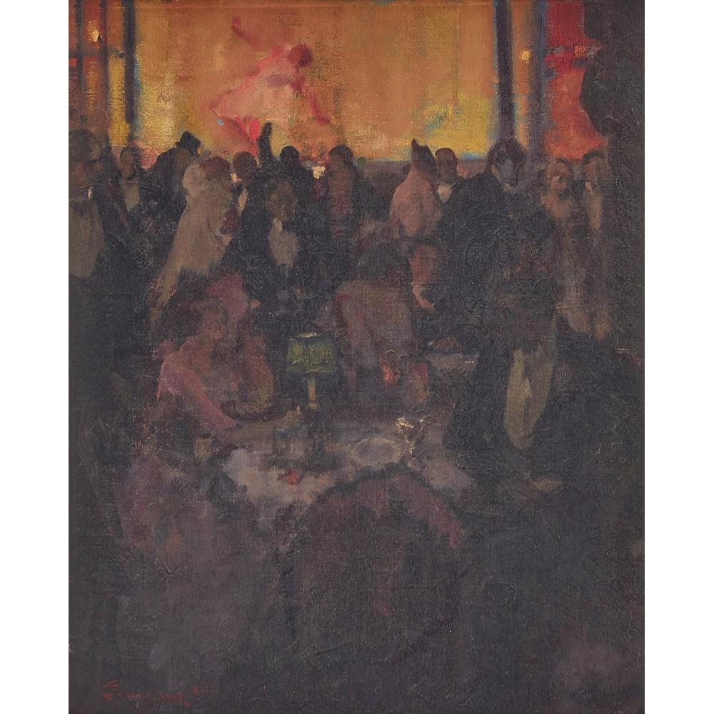 ANTONIO GUARINO (Sambuca di Sicilia (AG) 1882 - Roma: ANTONIO GUARINO (Sambuca di Sicilia (AG) 1882 - Roma 1969) OLIO su cartone telato "Personaggi al cafe'", firmato in basso a sinistra. Misure: cm 50 x 40