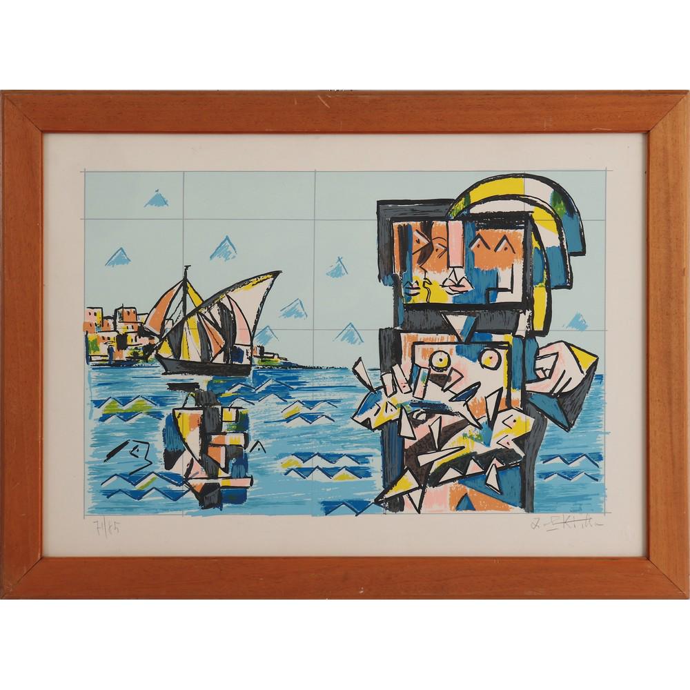 IBRAHIM KODRA (Ishem (Albania) 1918 - Milano 2006) DUE: IBRAHIM KODRA (Ishem (Albania) 1918 - Milano 2006) DUE LITOGRAFIE a colori "Paesaggio marino" esemplare 71/85, firmato in basso a destra e "Figure" esemplare 41/500, firmato in basso a destra. Misure: