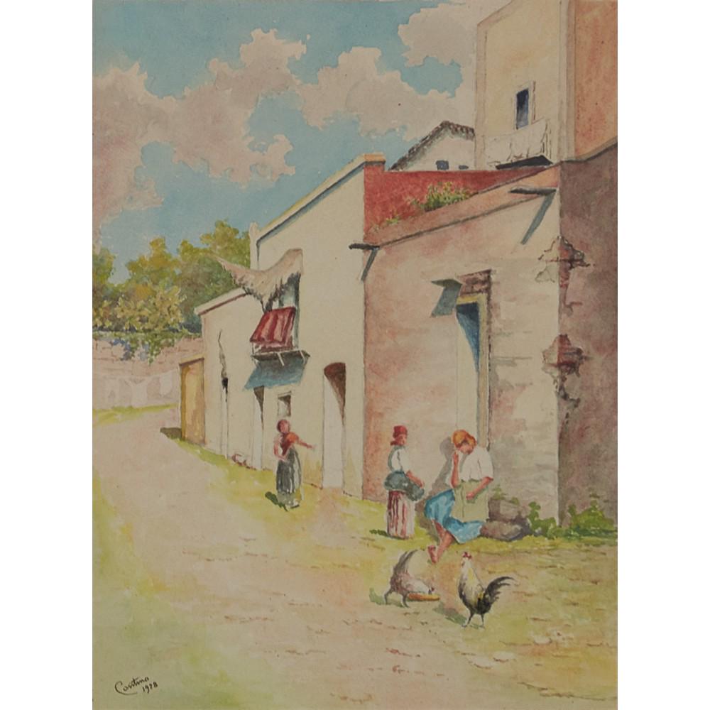 PITTORE DEL XX SECOLO ACQUARELLO su carta "Caseggiato: PITTORE DEL XX SECOLO ACQUARELLO su carta "Caseggiato con popolana" - 1928, firmato in basso a sinistra. Misure: cm 26,5 x 20