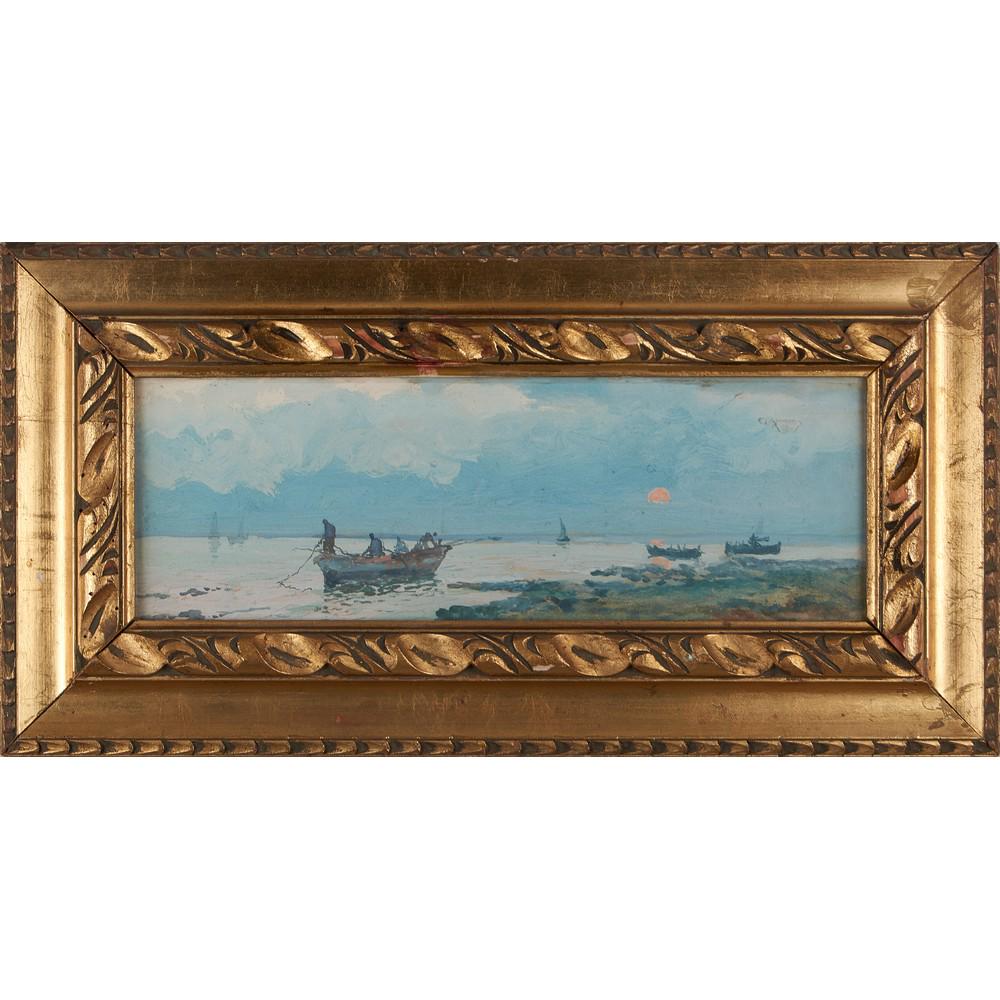 PITTORE DEI PRIMI DEL '900 TEMPERA su cartone: PITTORE DEI PRIMI DEL '900 TEMPERA su cartone "Paesaggio marino con barche e pescatori", tracce di firma in basso a destra. Misure: cm 14 x 40