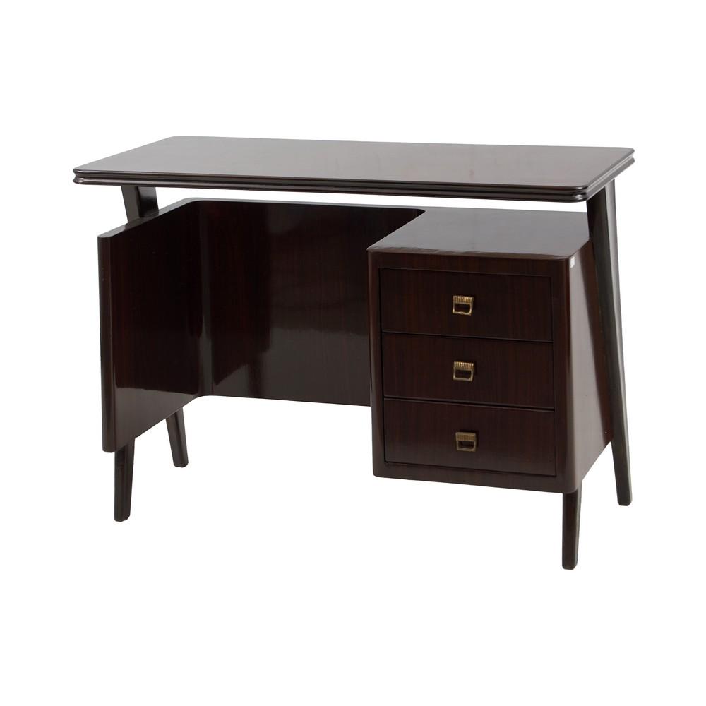GIO PONTI (maniera di) ANNI '50 PICCOLO SCRITTOIO in: GIO PONTI (maniera di) ANNI '50 PICCOLO SCRITTOIO in palissandro con piano sospeso e tre cassetti. Misure: cm 100 x 50 h cm 70