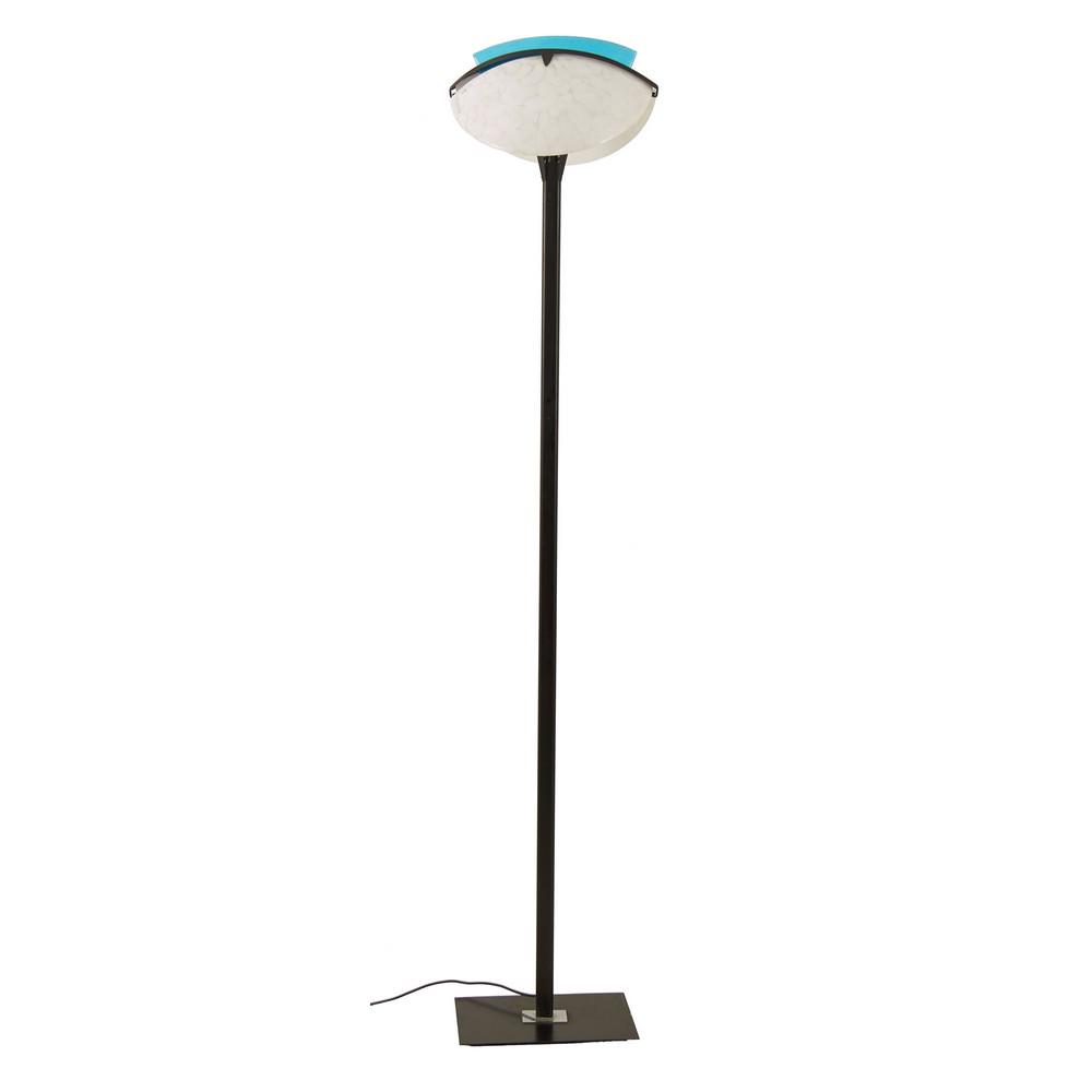 POEMA MAESTRI MURANESI 1980 LAMPADA da terra, struttura: POEMA MAESTRI MURANESI 1980 LAMPADA da terra, struttura in ferro, corpo illuminante composto da due sezioni di sfera in vetro di Murano bianco e blu. Misure: h cm 198