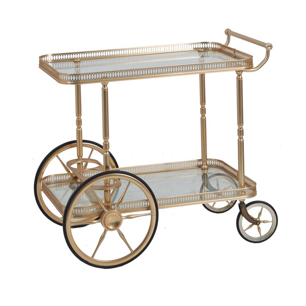 CARRELLO portavivande in metallo dorato (ruota: CARRELLO portavivande in metallo dorato (ruota incollata). XX secolo Misure: cm 77 x 47 h cm 72