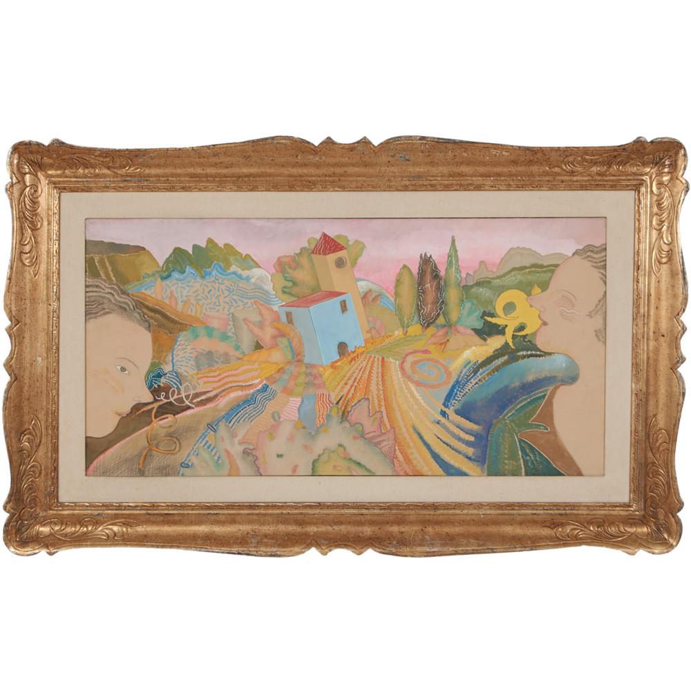 LUCA ALINARI (Firenze 1943 - 2019) OLIO su tela: LUCA ALINARI (Firenze 1943 - 2019) OLIO su tela "Paesaggio fantastico con figure" - fine anni '70, firmato in basso a destra, nelr etro reca timbro di provenienza Galleria Fidia - Roma. Con autentica