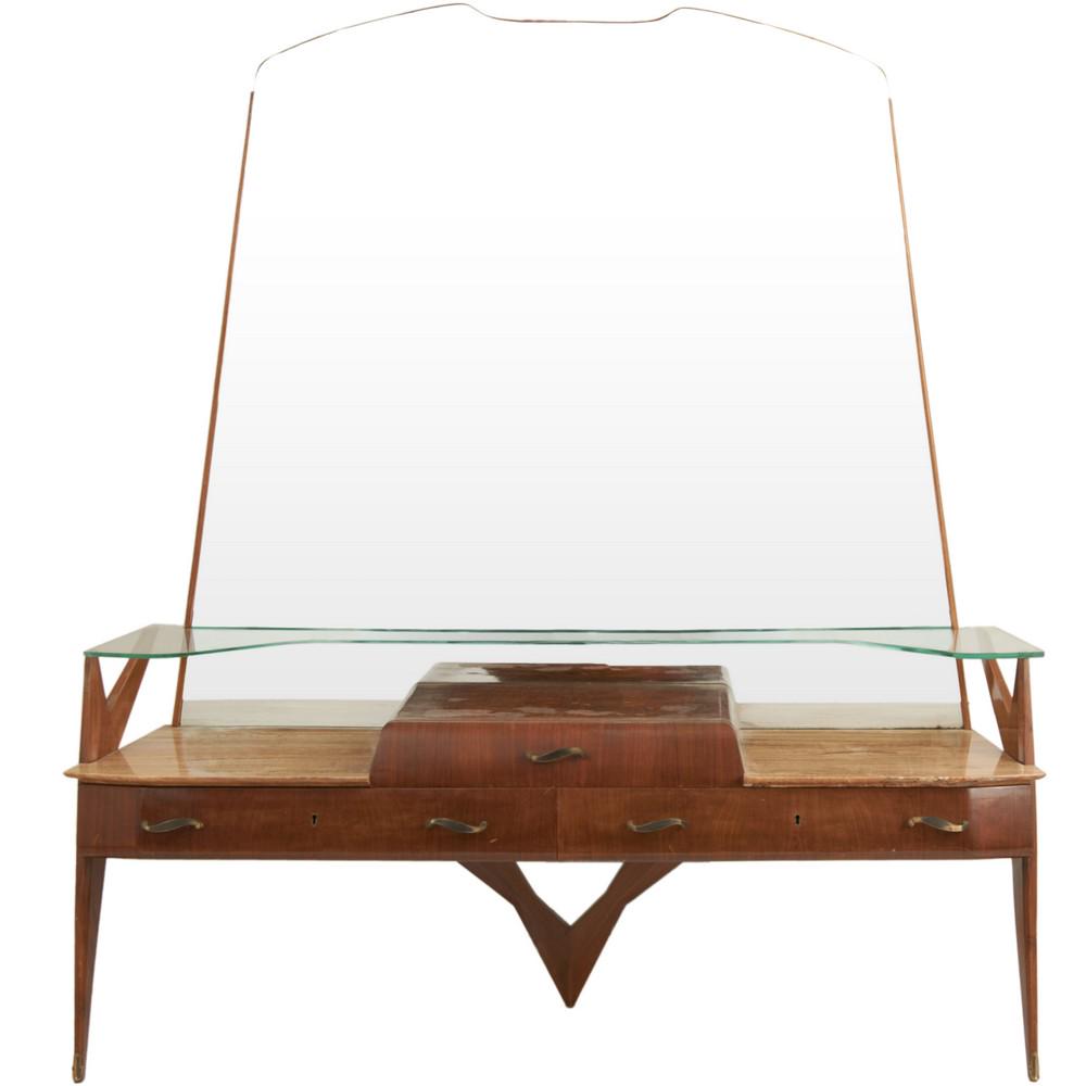 PRODUZIONE ITALIANA ANNI '60 Mobile in legno di noce: PRODUZIONE ITALIANA ANNI '60 Mobile in legno di noce con specchio sovrastante. Piano in marmo. Maniglie in metallo dorato. (Walnut cabinet with mirror above. Marble top. Golden metal handles.) Misure: