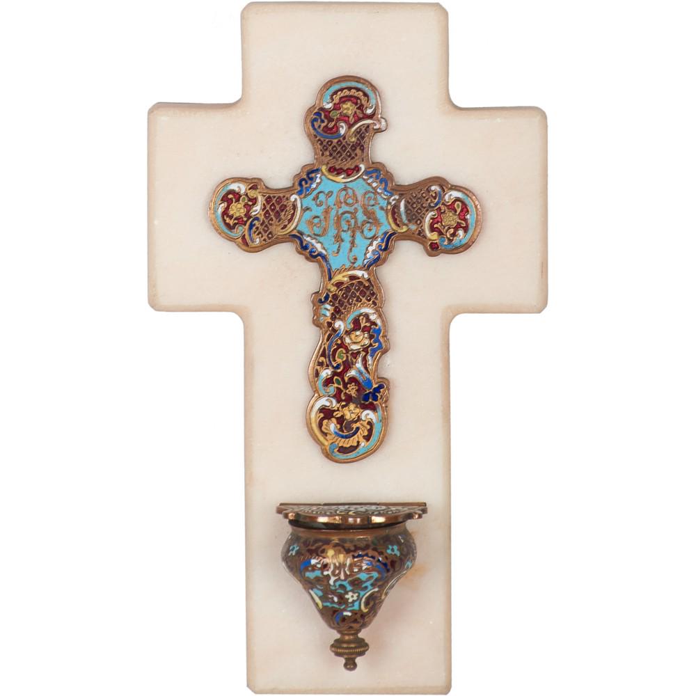 ACQUASANTIERA in cloisonnÃ¨ con croce in marmo ed EX (1 of 2)