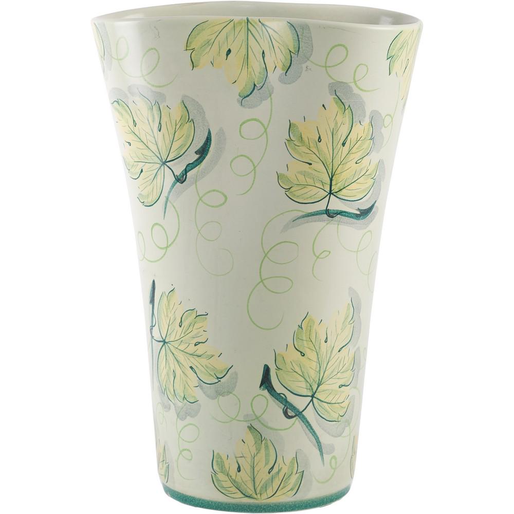 POZZI CERAMICA Produzione Gallarate, Italia Anni '50: POZZI CERAMICA Produzione Gallarate, Italia Anni '50 Portaombrelli in ceramica smaltata e decorata a motivi fogliacei, fondo chiaro con foglie verdi. - cm 32 x 16 Alt. cm 46