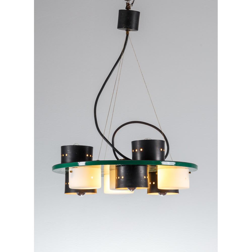 ESPERIA, Lampada a sospensione: ESPERIA Produzione Italia 1960 ca. Lampada a sospensione, corpo a disco in metallo laccato verde a dieci luci (7+3), diffusori cilindrici in metallo nero e vetro satinato bianco. cm Ø 63 x Alt. 8