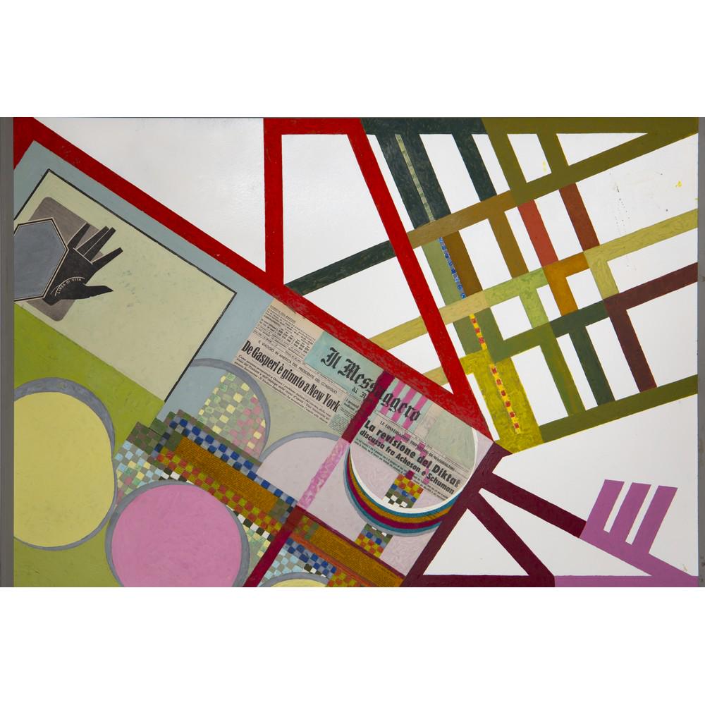 ANONIMO FUTURISTA DELLA SECONDA META' DEL XX SECOLO: ANONIMO FUTURISTA DELLA SECONDA META' DEL XX SECOLO Linea di vita Acrilico, carta di giornale e carta applicata su masonite. cm 78,5 x 112,5.