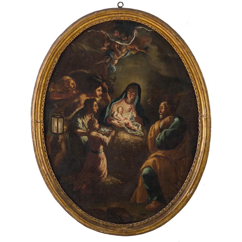 SEBASTIANO CONCA (Bottega di), Olio su tela: SEBASTIANO CONCA (Bottega di) (Gaeta 1680 - Napoli 1764) L'adorazione del Bambin Gesù Olio su tela Cornice ovale in legno intagliato e dorato ad argento e mistura. cm 98 x 75.