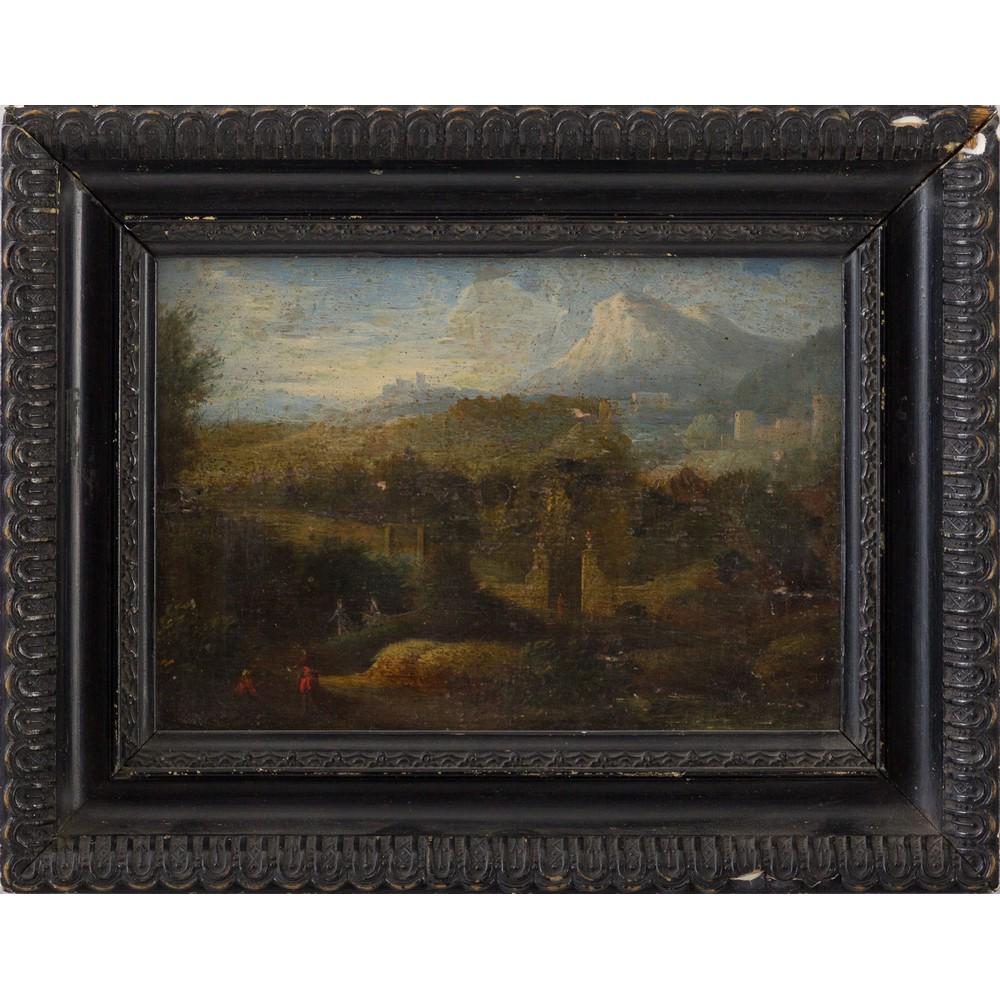 GASPAR VAN WITTEL (Cerchia di), Olio su tavola: GASPAR VAN WITTEL (Cerchia di) (Amersfoort 1653 - Roma 1736) Veduta dei castelli romani Olio su tavola Cornice in legno intagliato ed ebanizzato. cm 12,5 x18.