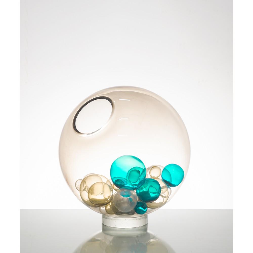 ANGELO BROTTO (Attr.le), Lampada da tavolo: ANGELO BROTTO (Attr.le) Produzione Esperia, Italia 1975 ca. Lampada da tavolo ad una luce, diffusore sferico in vetro trasparente con sfere in vetro soffiato azzurre, trasparenti e fumè. cm Ø