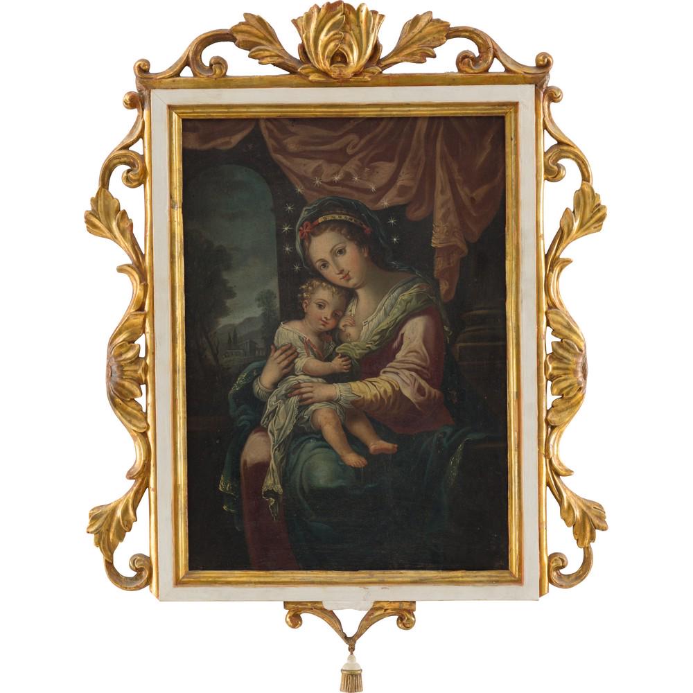 SEBASTIANO CONCA (Bottega di), Olio su tavola: SEBASTIANO CONCA (Bottega di) (Gaeta 1680 – Napoli 1764) Madonna con bambino Olio su tavola Cornice coeva in legno intagliato, dorato e laccato. cm 50 x 40.