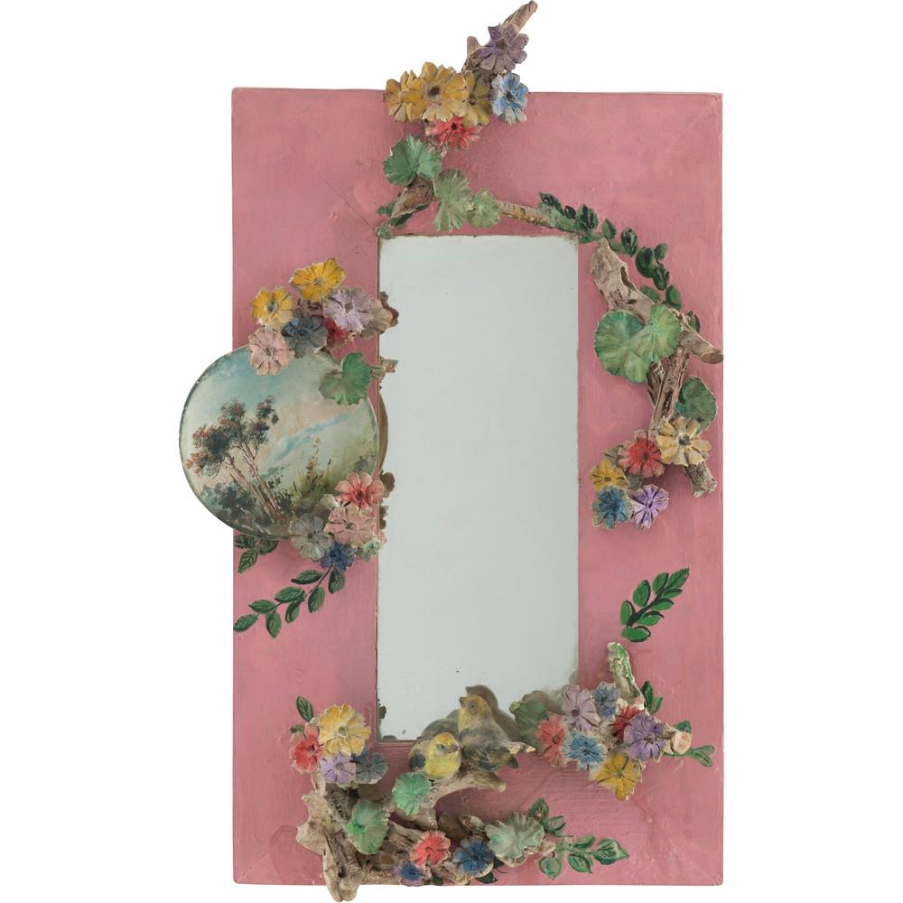 SPECCHIERA: SPECCHIERA con struttura in legno e decori in ceramica smaltata e decorata. Sicilia primi '900. cm 53 x 32.