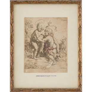 AGOSTINO CARRACCI, Incisione a bulino: AGOSTINO CARRACCI (Bologna 1557 – Parma 1602) L'incontro tra il Divino Bambino e San Giovannino Incisione a bulino tratta da un opera perduta del Maestro Carracci. cm 25 x 19,5.
