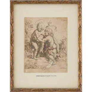 AGOSTINO CARRACCI, Incisione a bulino: AGOSTINO CARRACCI (Bologna 1557 â€“ Parma 1602) L'incontro tra il Divino Bambino e San Giovannino Incisione a bulino tratta da un opera perduta del Maestro Carracci. cm 25 x 19,5.